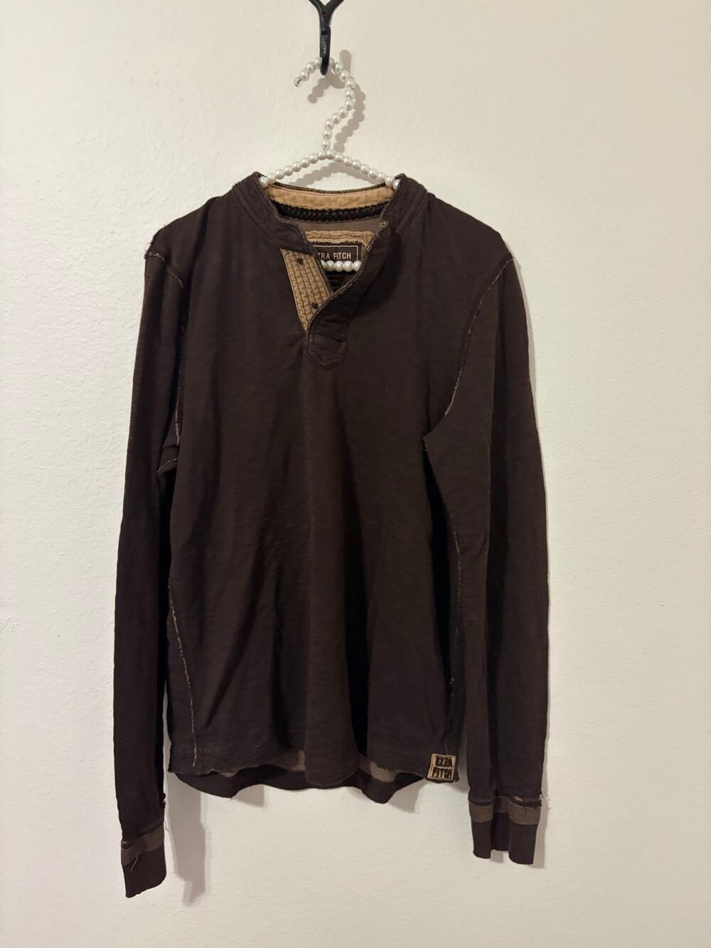 Y2K Ezra Fitch Shirt Mens Size Large Brown Distressed Long Sleeve Henley Top